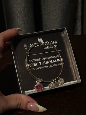 NWT Alex and Ani Silver Bangle with Pink Rose Tourmaline Charm October